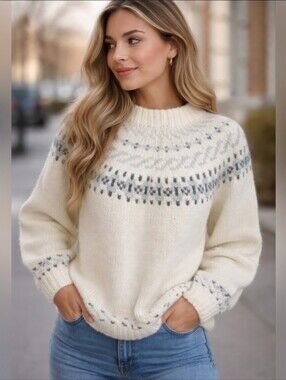 Handmade Cream and Grey Fair Isle Cottagecore Knit Crew Neck Sweater